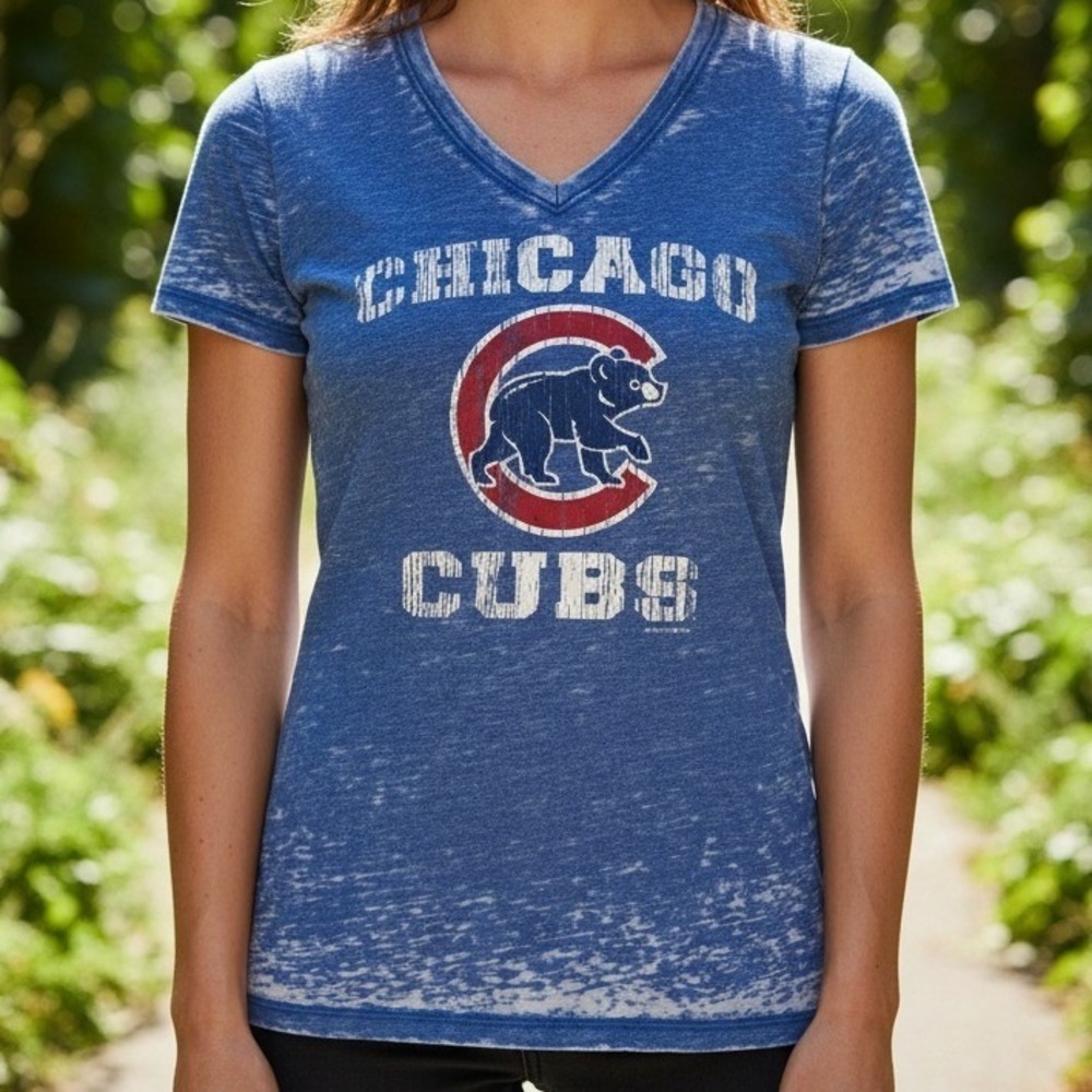 Chicago Cubs Womens Blue V Neck Graphic T Shirt Burnout Style Top‎